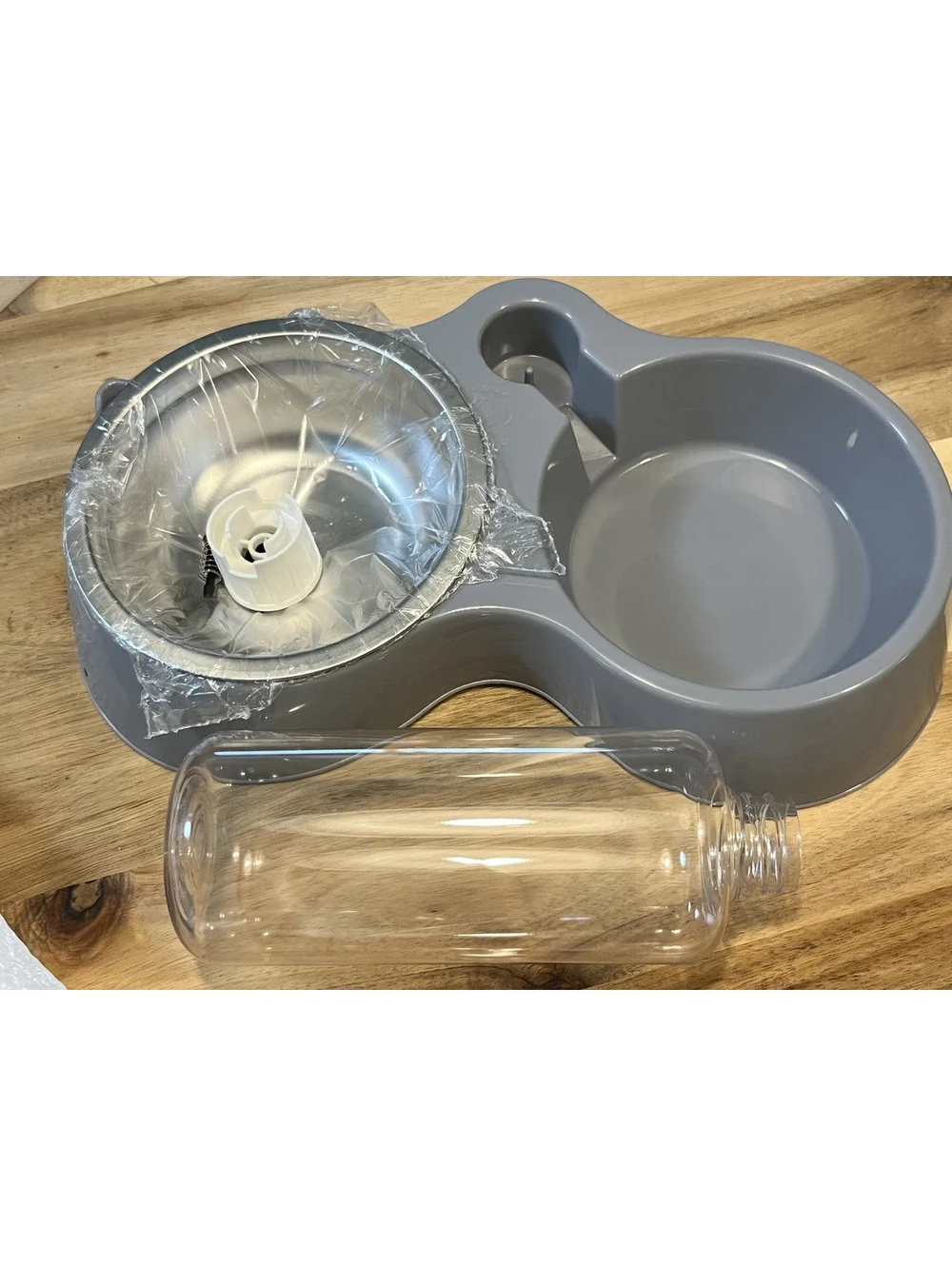 Dual Pet Feeder with Water Dispenser - Gray Durable Plastic